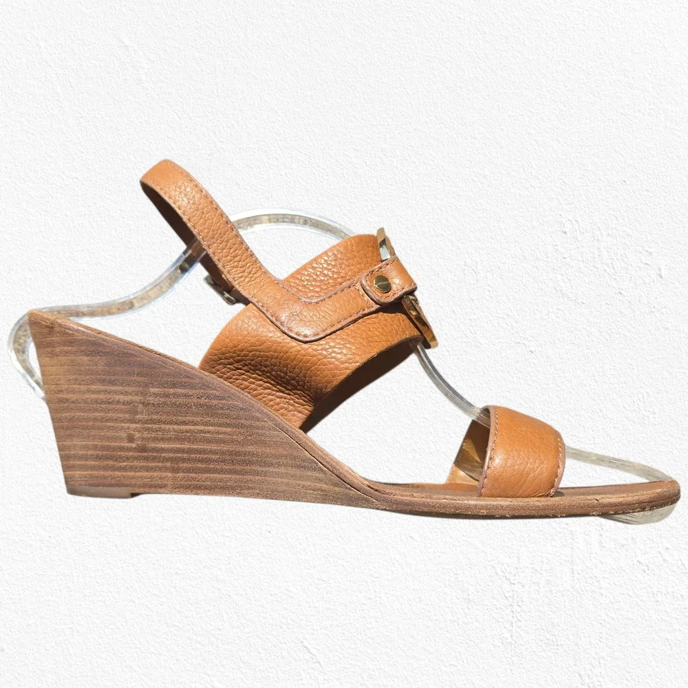 Tory Burch Tan Leather Miller Wedge Sandals Logo Slingback Heels Size 10.5M